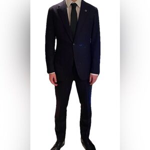 Men’s suit navy brown pinstripes 40 Atelier Munro